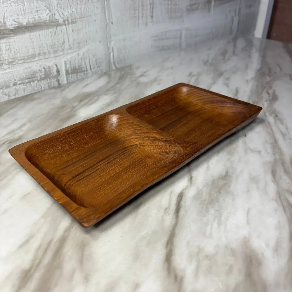 Vintage Thailand Teak Wood Double Compartment Tray